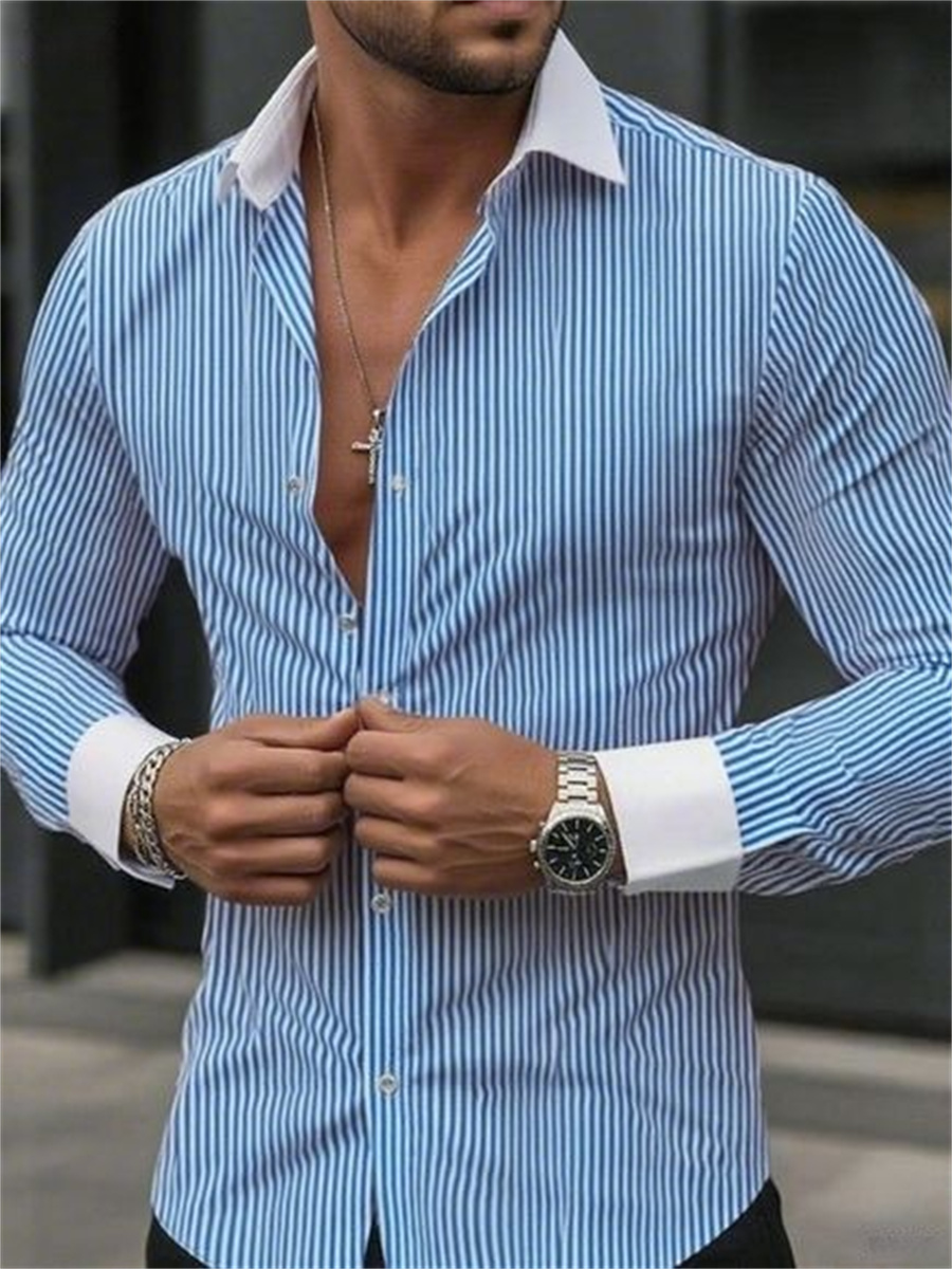 Men Formal Wear Shirts - Мужская облегающая полосатая рубашка с длинными