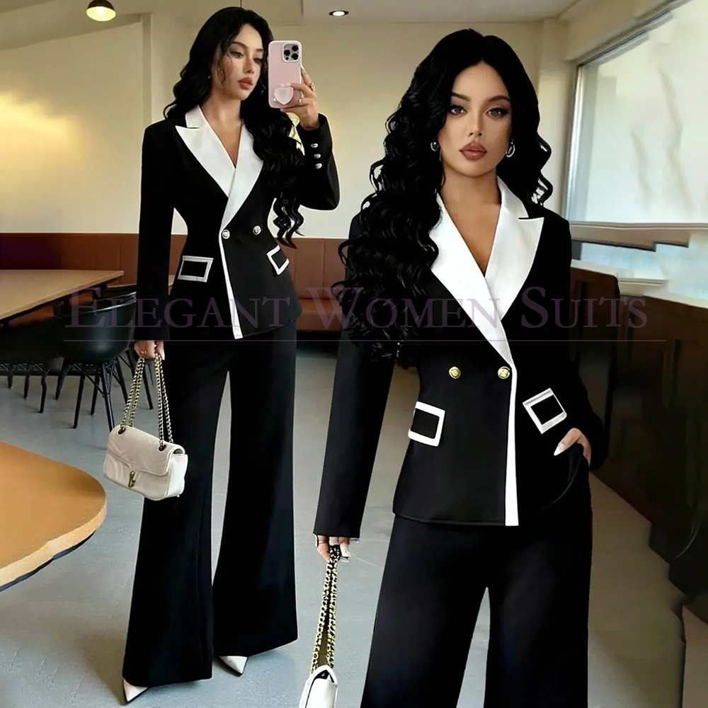 Double Breasted Blazer - Элегантные черные женские костюмы-двойки: пиджак и